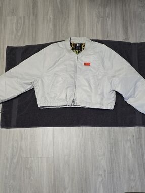 ethika White Cropped Bomber Jacket with Leopard Liner